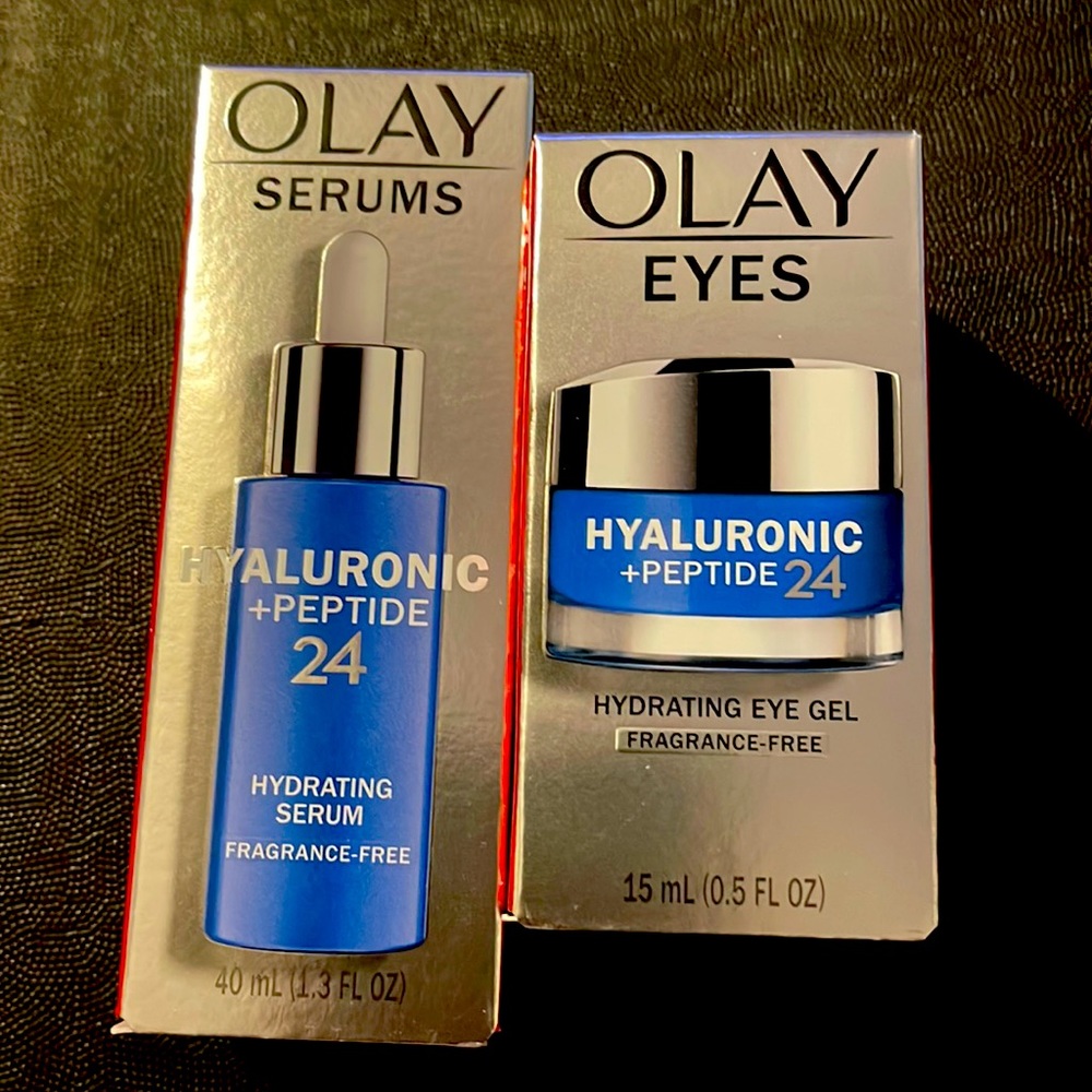 Olay 24 eye gel & Olay Hyaluronic peptide hydrating serum.